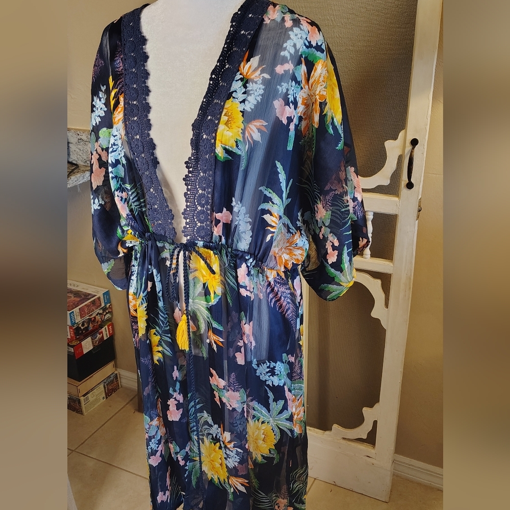 Floral Sheer Boho Kimono Robe/ Cover Up  with Lace Trim Size XL